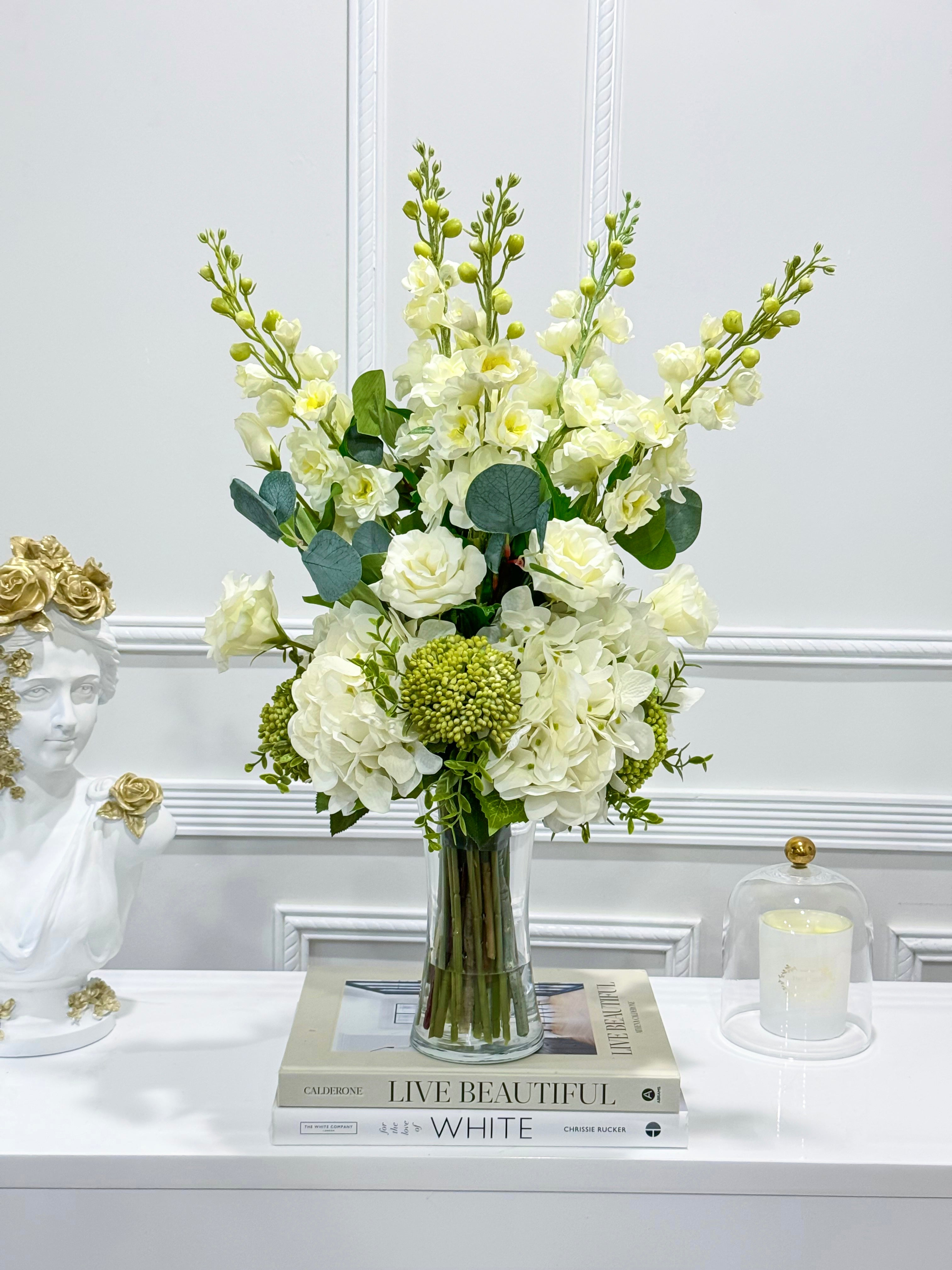 Tall Luxurious Hydrangea, Lisianthus & Snapdragon Arrangement in Glass Vase