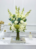 Tall Luxurious Hydrangea, Lisianthus & Snapdragon Arrangement in Glass Vase