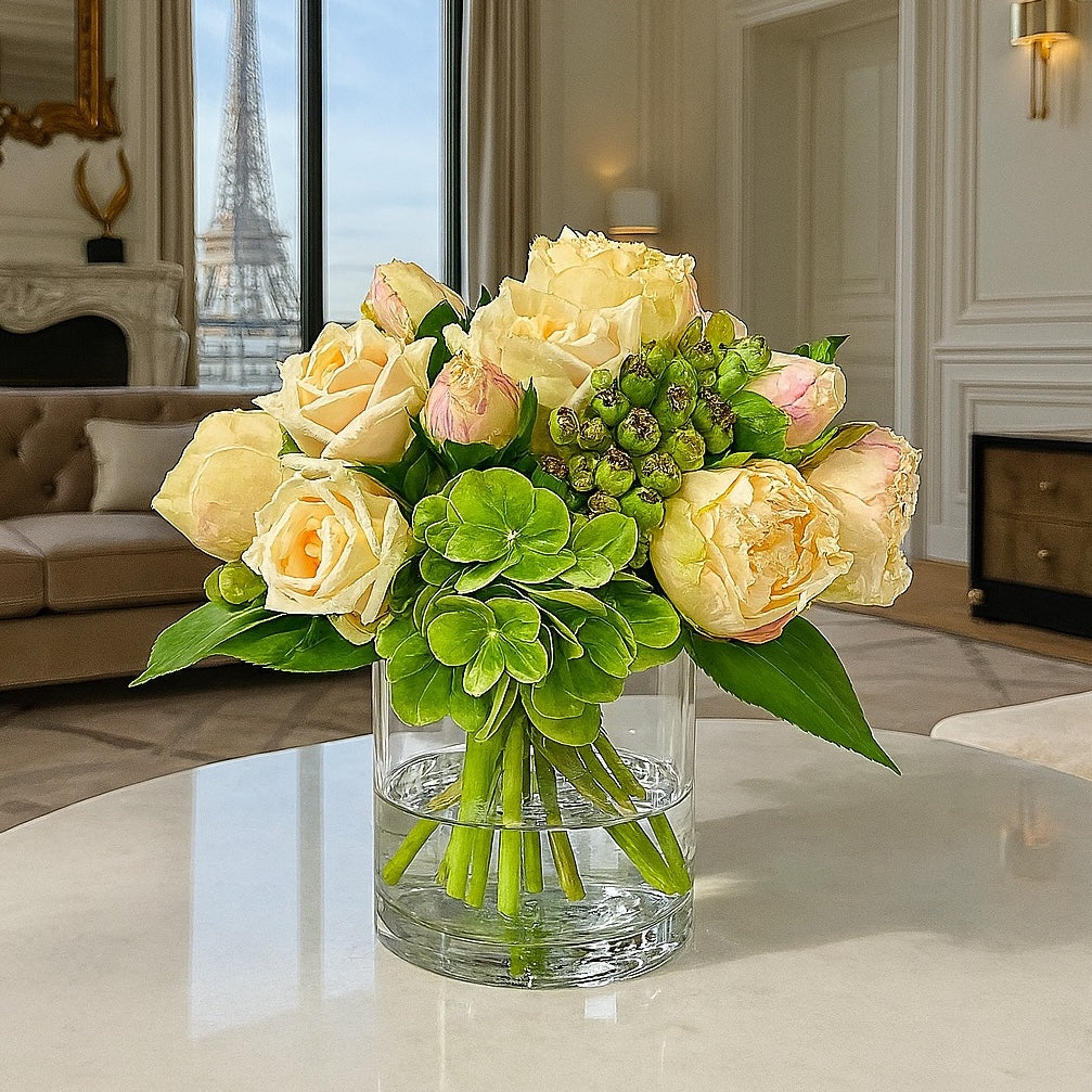 Champagne Real Touch Rose & Green Hydrangea Arrangement in Glass Vase