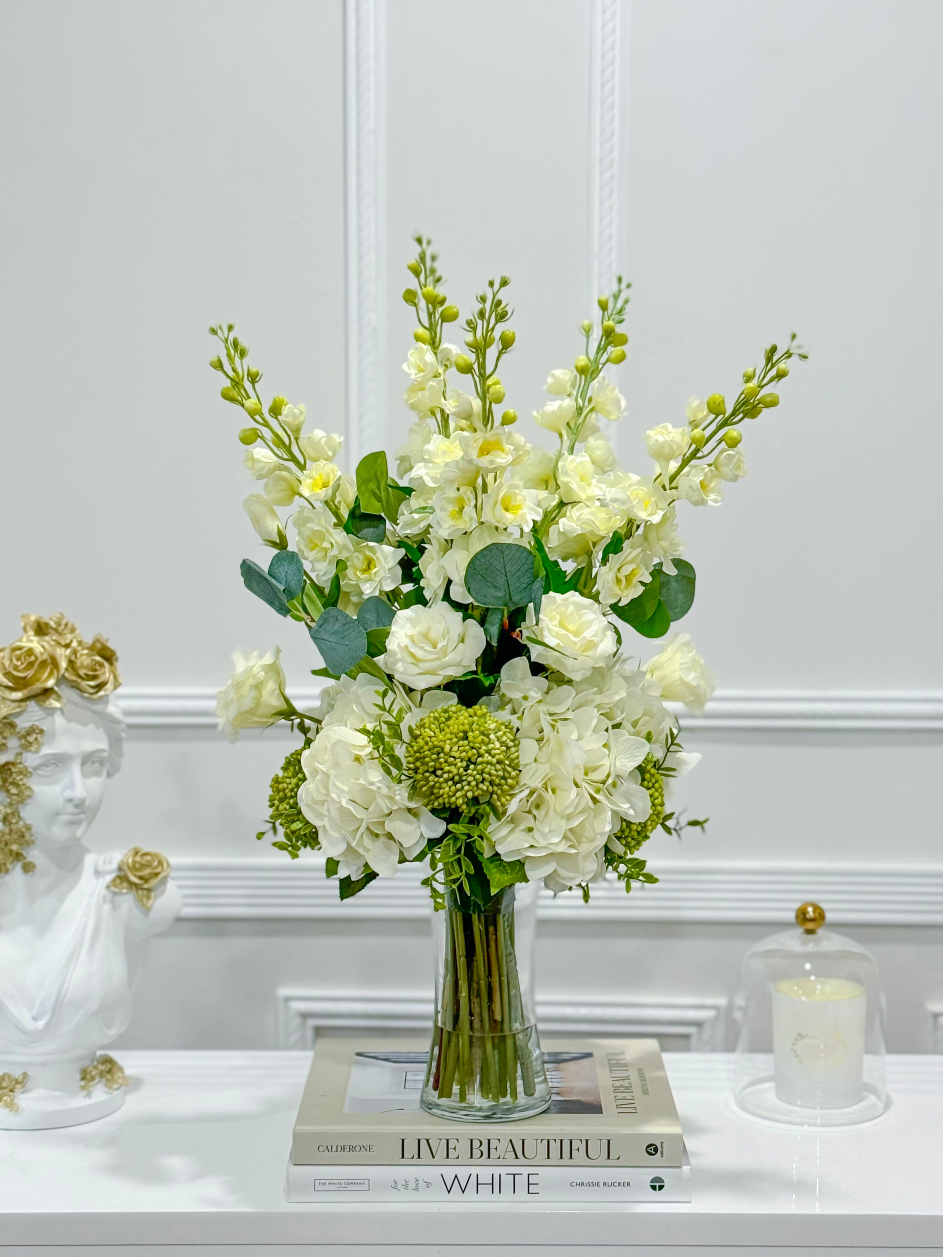 Tall Luxurious Hydrangea, Lisianthus & Snapdragon Arrangement in Glass Vase