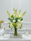 Tall Luxurious Hydrangea, Lisianthus & Snapdragon Arrangement in Glass Vase