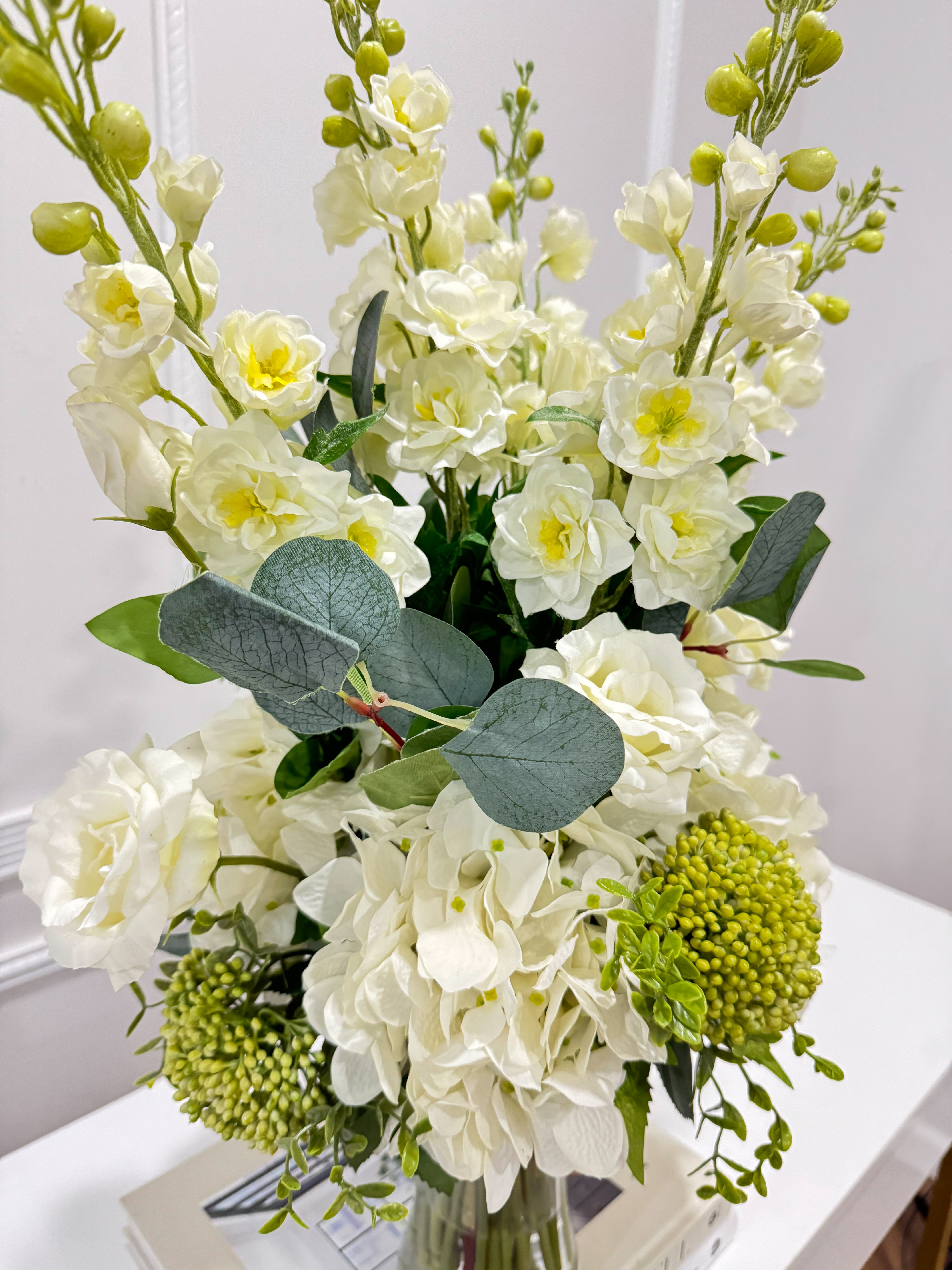 Tall Luxurious Hydrangea, Lisianthus & Snapdragon Arrangement in Glass Vase