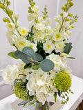 Tall Luxurious Hydrangea, Lisianthus & Snapdragon Arrangement in Glass Vase