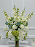 Tall Luxurious Hydrangea, Lisianthus & Snapdragon Arrangement in Glass Vase