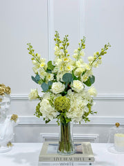 Tall Luxurious Hydrangea, Lisianthus & Snapdragon Arrangement in Glass Vase
