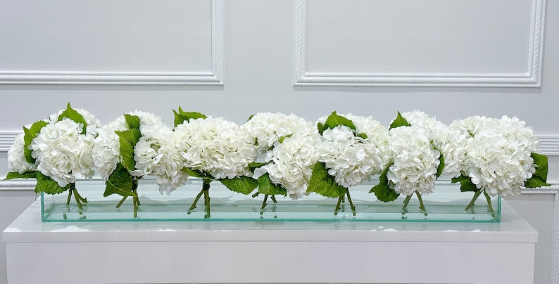 French Artificial Hydrangeas Centerpiece In Long Glass Vase