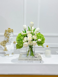 14-in Real Touch Hydrangea Peony Tulip Centerpiece in Glass Vase