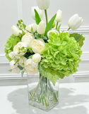 14-in Real Touch Hydrangea Peony Tulip Centerpiece in Glass Vase