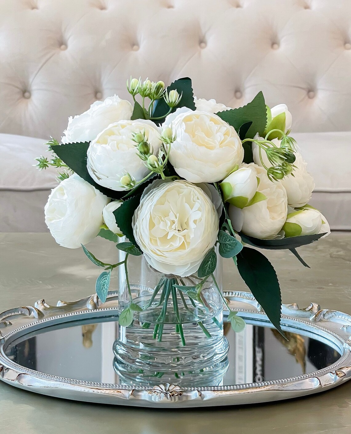 Rose Peonies Arrangement In Classic Glass Vase