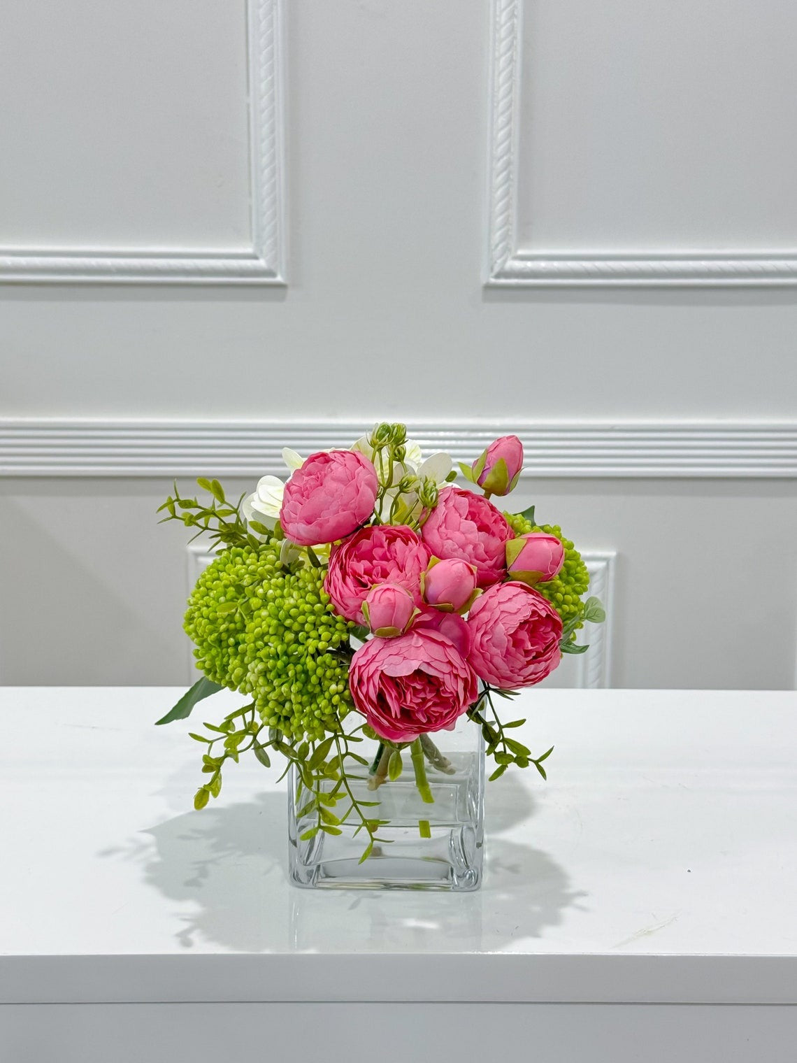 Faux Peony Hydrangea Green Berries Arrangement