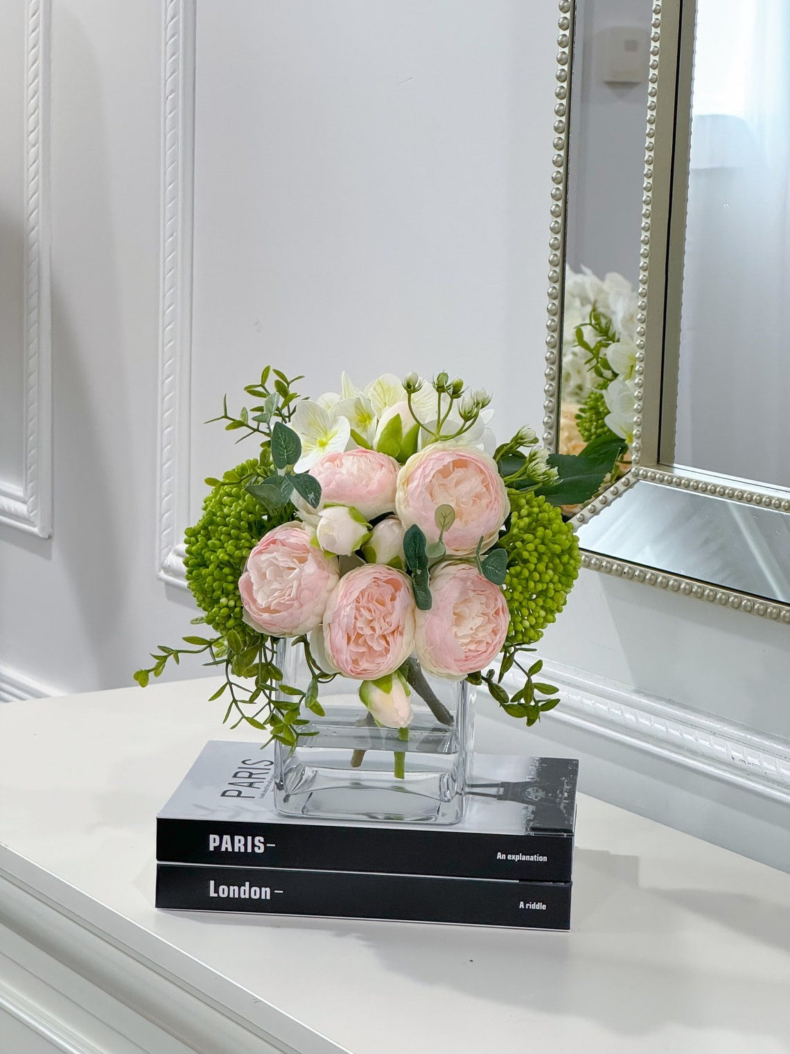 Faux Peony Hydrangea Green Berries Arrangement