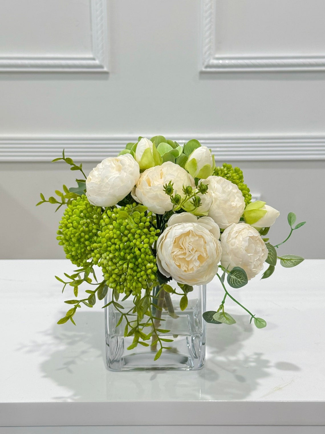 Faux Peony Hydrangea Green Berries Arrangement