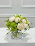 Faux Peony Hydrangea Green Berries Arrangement
