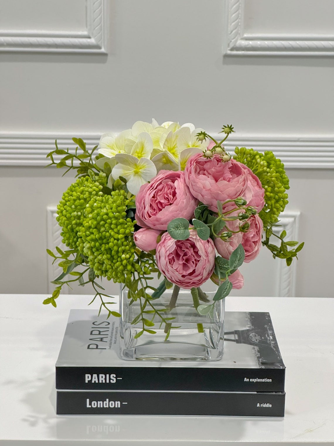 Faux Peony Hydrangea Green Berries Arrangement