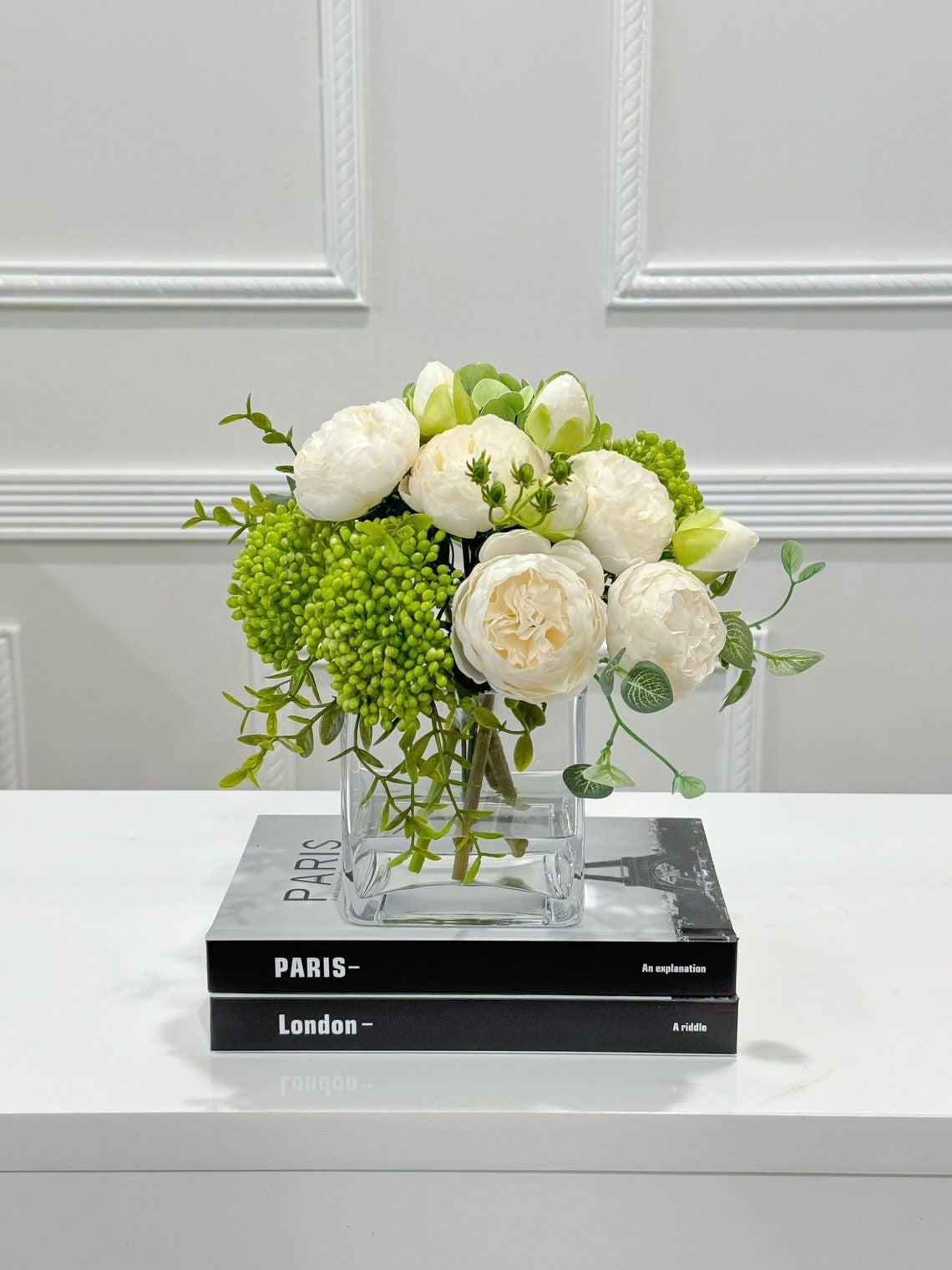 Faux Peony Hydrangea Green Berries Arrangement