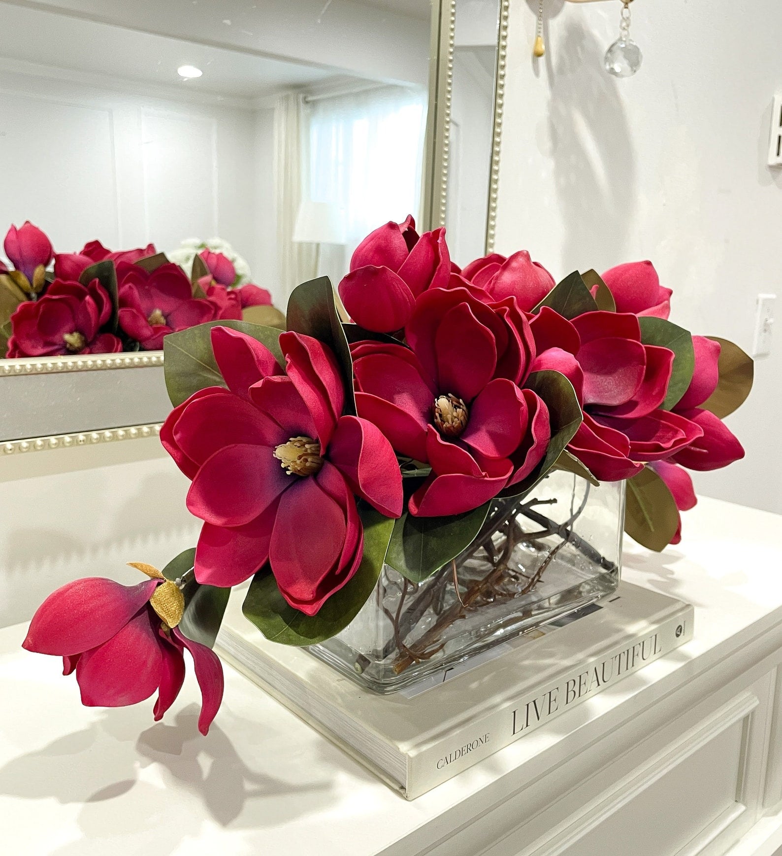 Artificial Magnolia Long Arrangement in Glass Vase