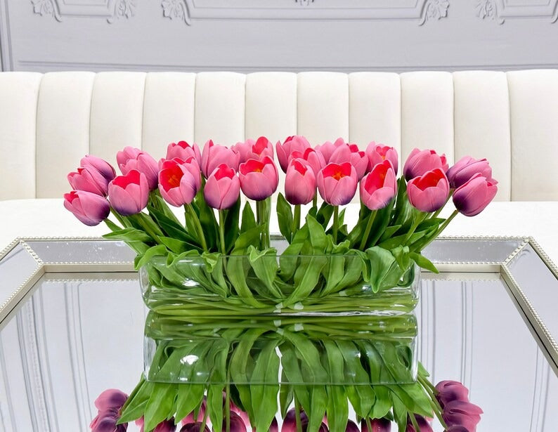 21-in Modern Real Touch Faux Tulips Arrangement in Long Vase