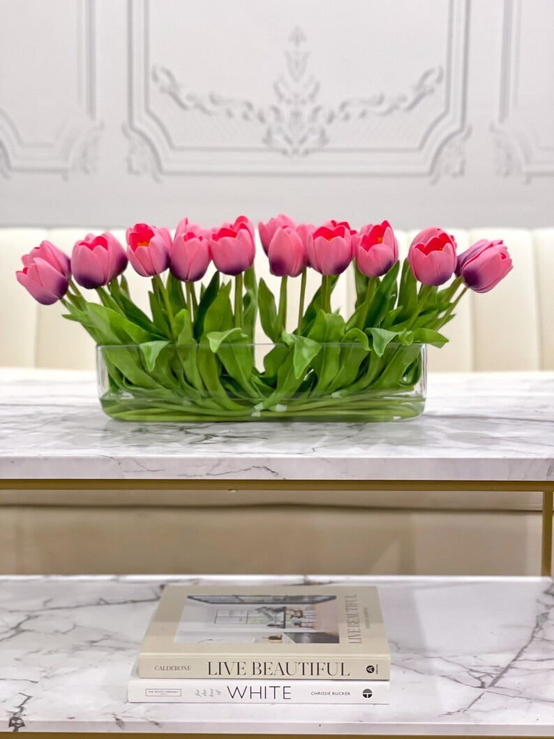 21-in Modern Real Touch Faux Tulips Arrangement in Long Vase