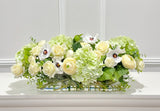Long Faux Floral Arrangement Green Mixed in Glass Vase