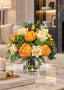 11-in Champagne Orange Real Touch Rose Peony Centerpiece in Glass Vase