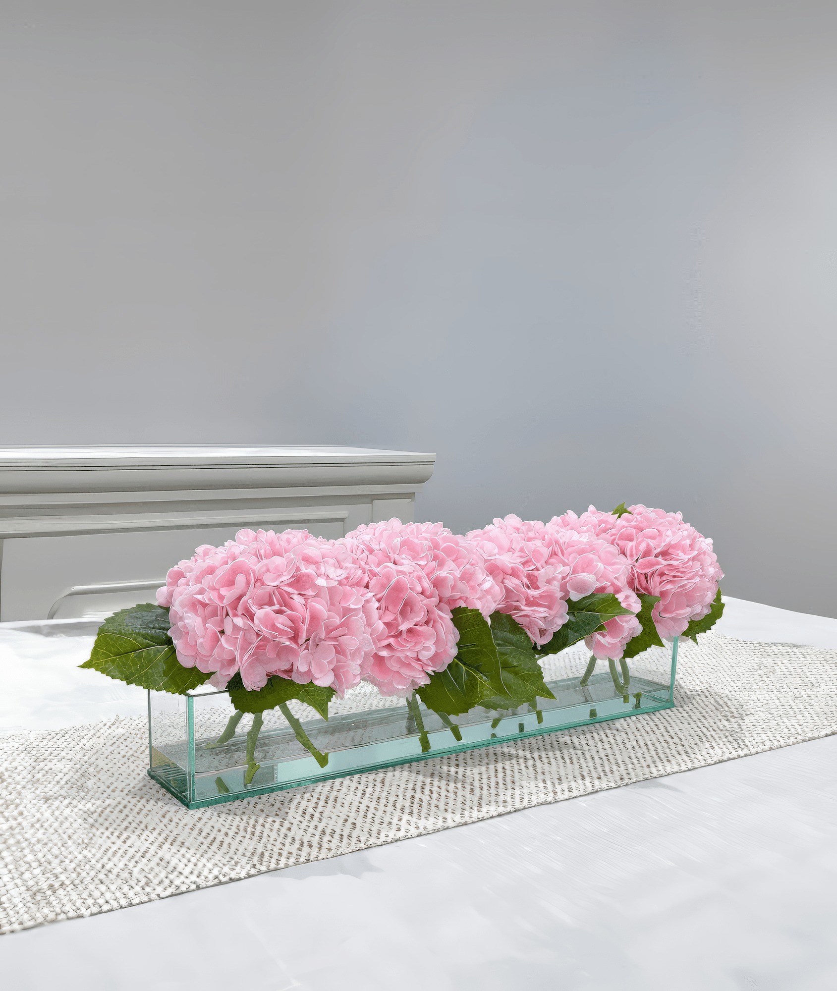 French Artificial Hydrangeas Centerpiece In Long Glass Vase