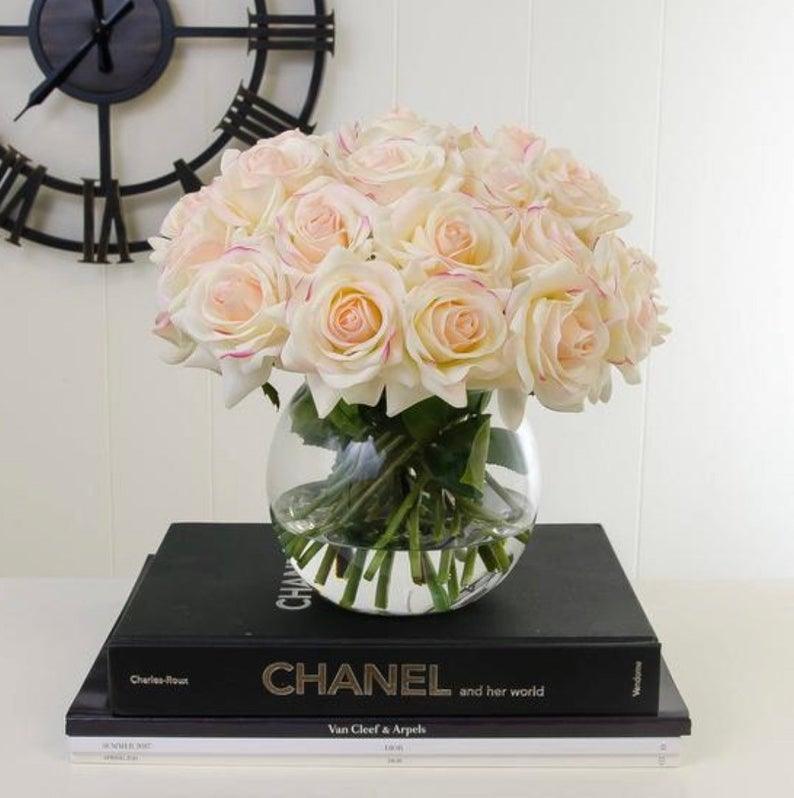 Rose Silk Flower Arrangement-Real Touch Rose Centerpiece-Silk Floral Arrangement-Table Arrangement-Roses in Faux Water-Valentine Arrangement - Flovery