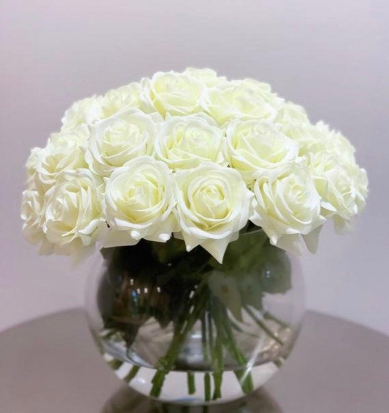 Rose Silk Flower Arrangement-Real Touch Rose Centerpiece-Silk Floral Arrangement-Table Arrangement-Roses in Faux Water-Valentine Arrangement - Flovery