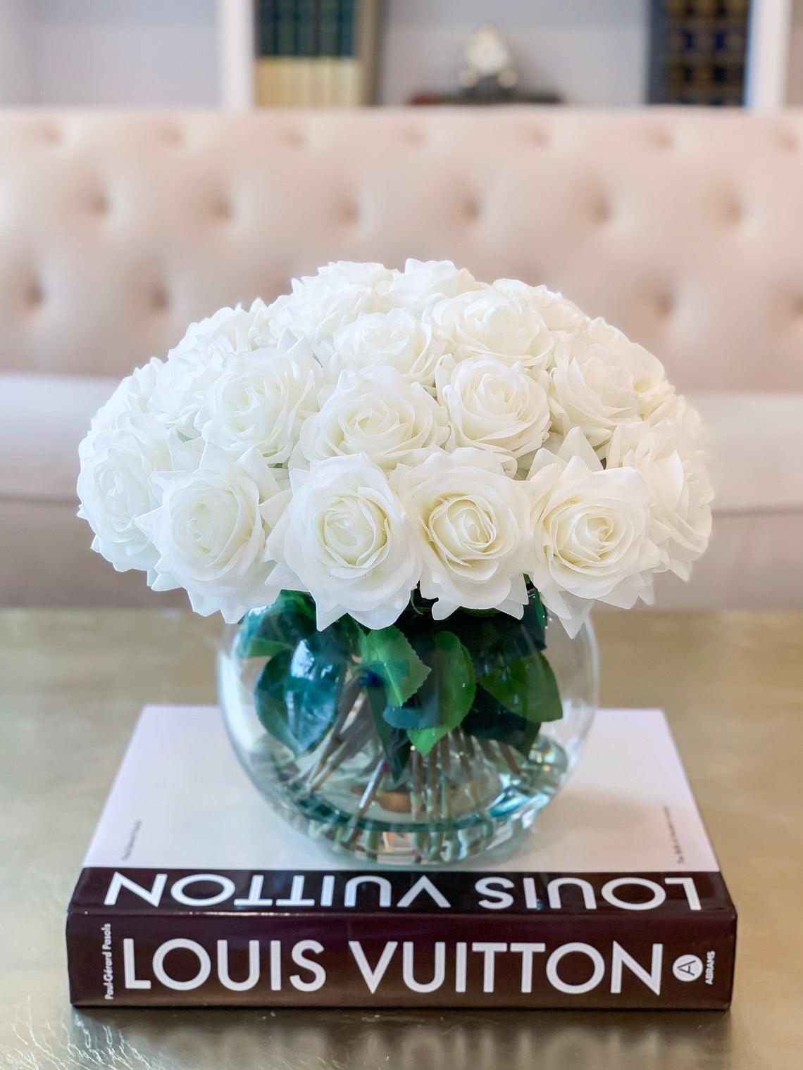 Rose Silk Flower Arrangement-Real Touch Rose Centerpiece-Silk Floral Arrangement-Table Arrangement-Roses in Faux Water-Valentine Arrangement - Flovery