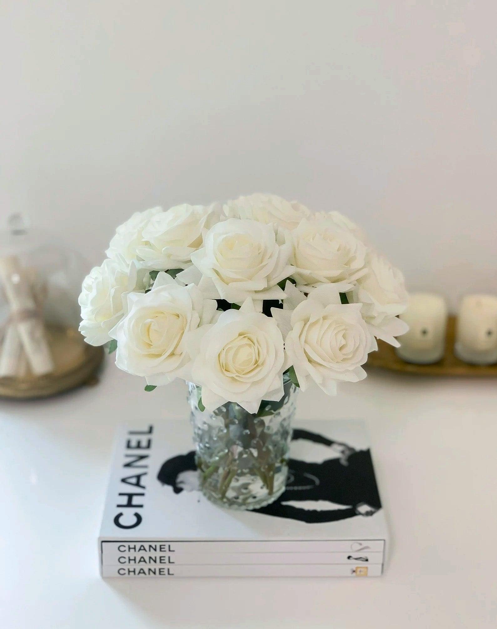 Real Touch White Rose Arrangement in Classic Glass Vase - Flovery