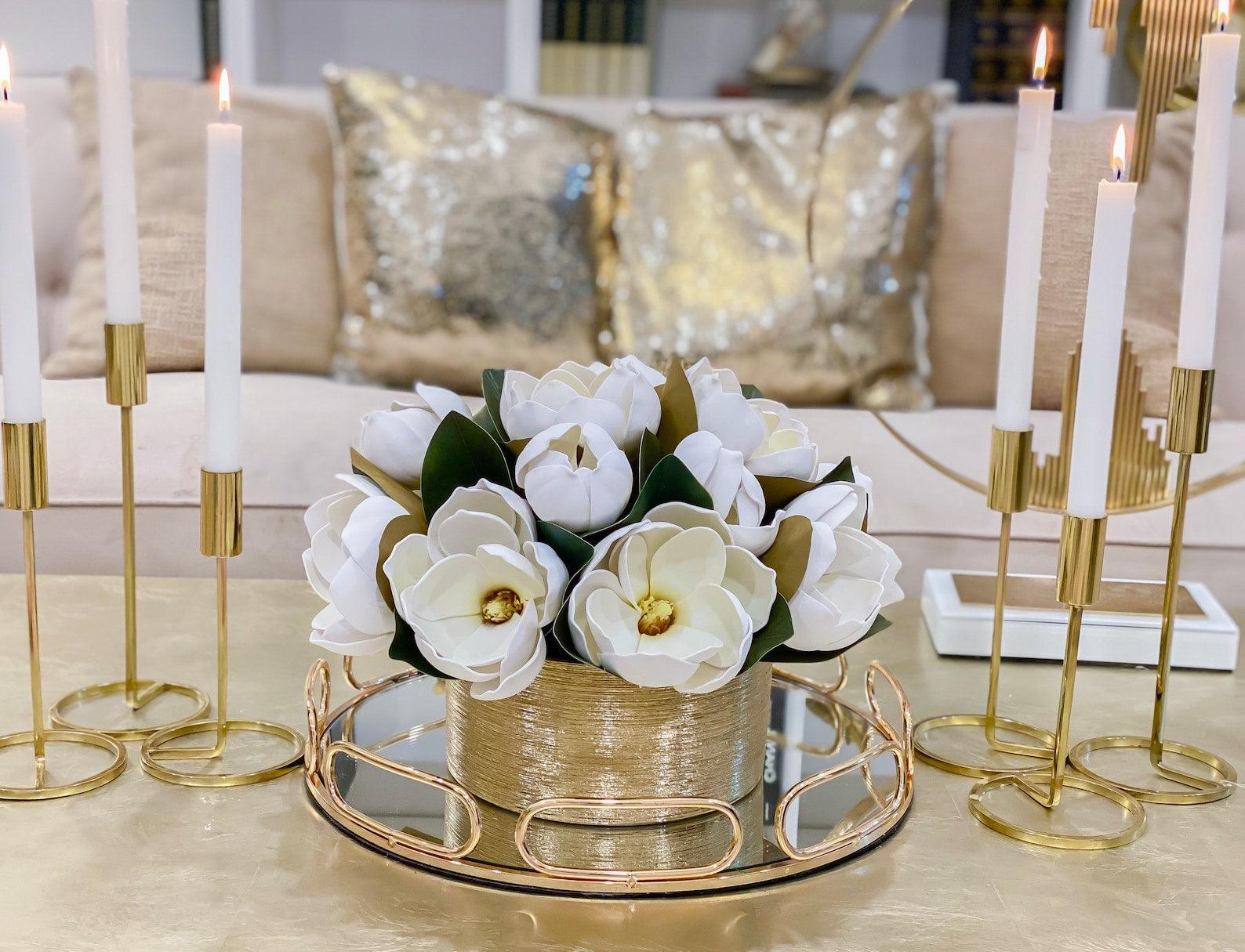 Magnolia Centerpiece in Cylinder Gold Vase - Flovery