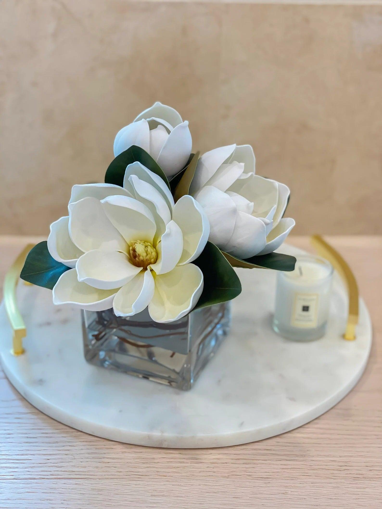 Real Touch Artificial Magnolias in Square Vase - Flovery
