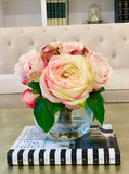 Large Silk Peony with English Rose Arrangement In Glass Vase