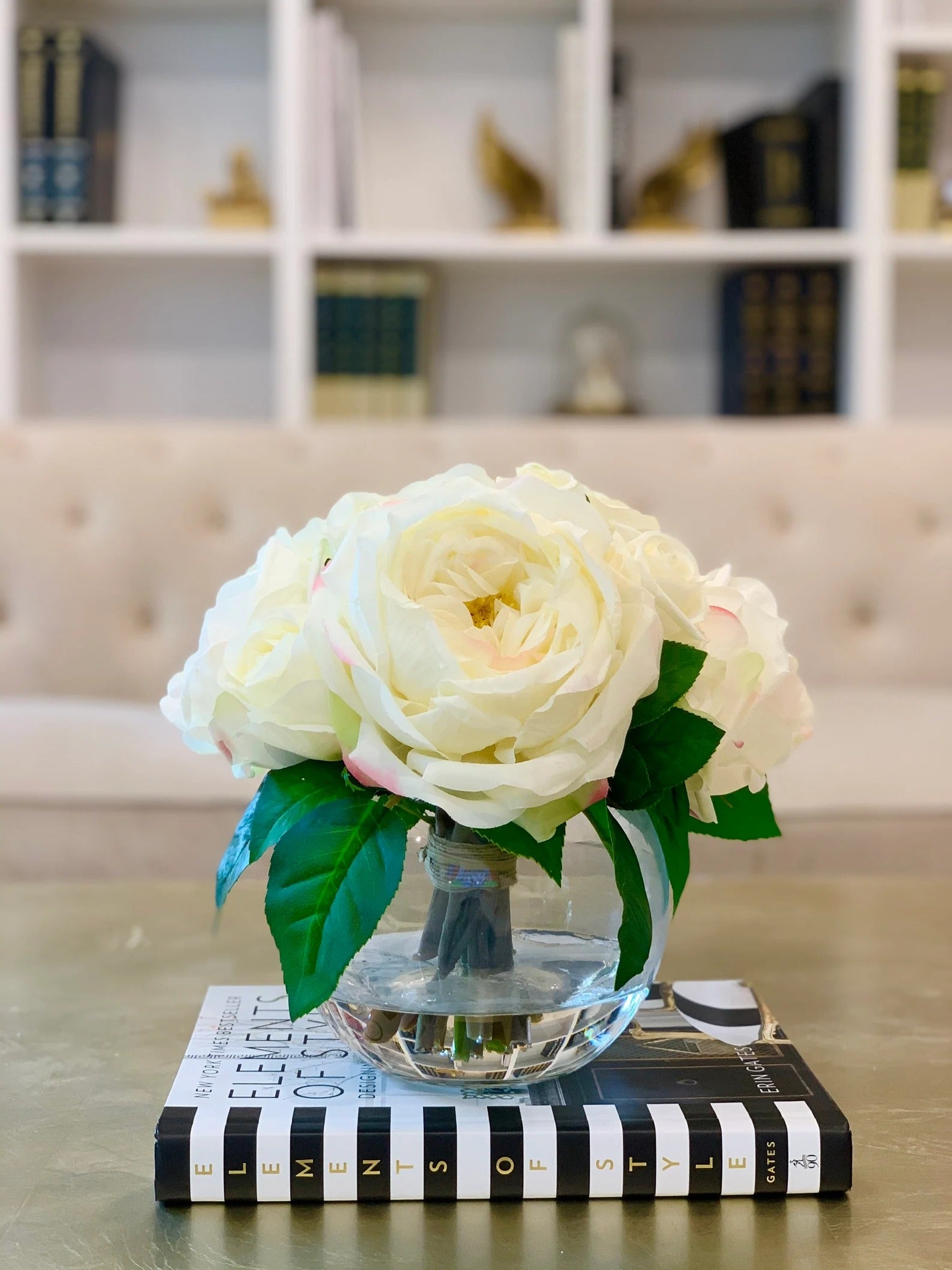 Large Silk Peony with English Rose Arrangement In Glass Vase