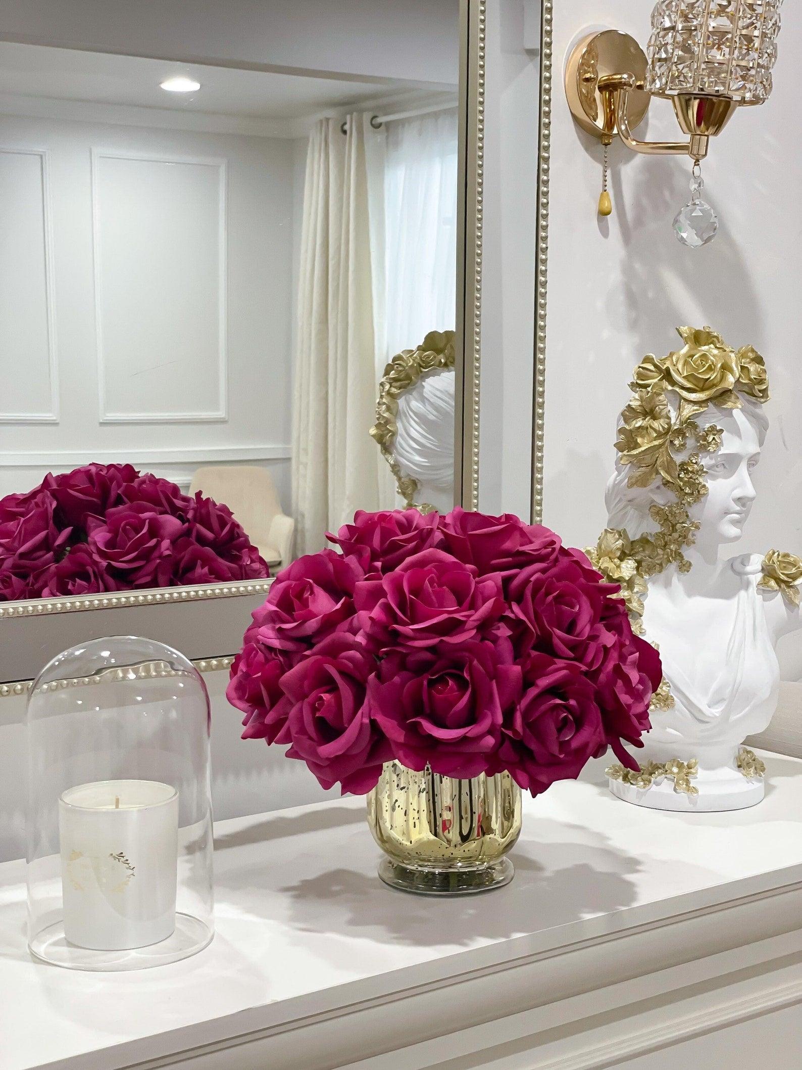 Real Touch Large Head Roses Arrangement Gold Vase - Flovery