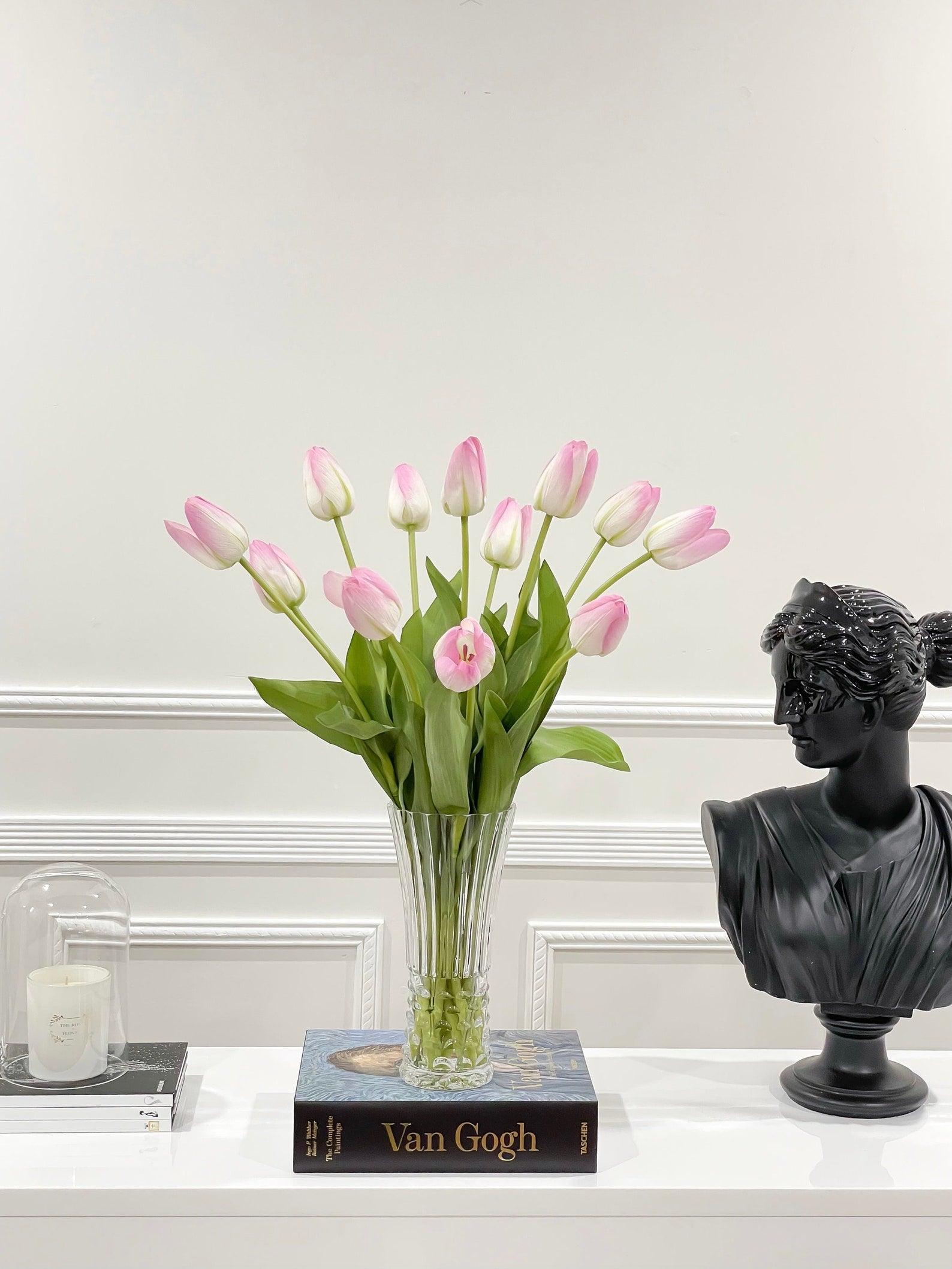 Tall Modern Centerpiece of Blush Pink Real Touch Tulips - Flovery