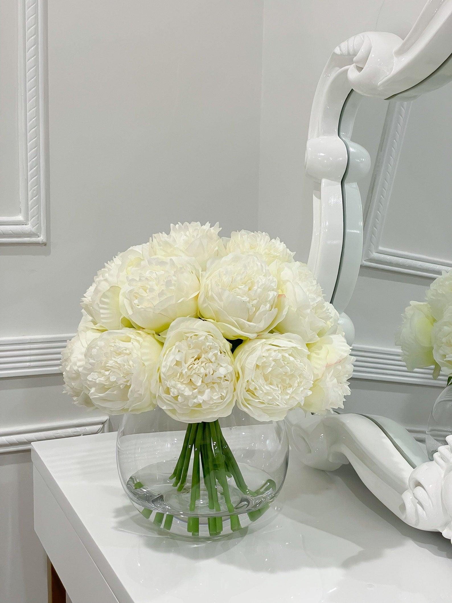 Large Head Silk Peony Arrangement in Glass Vase - Flovery