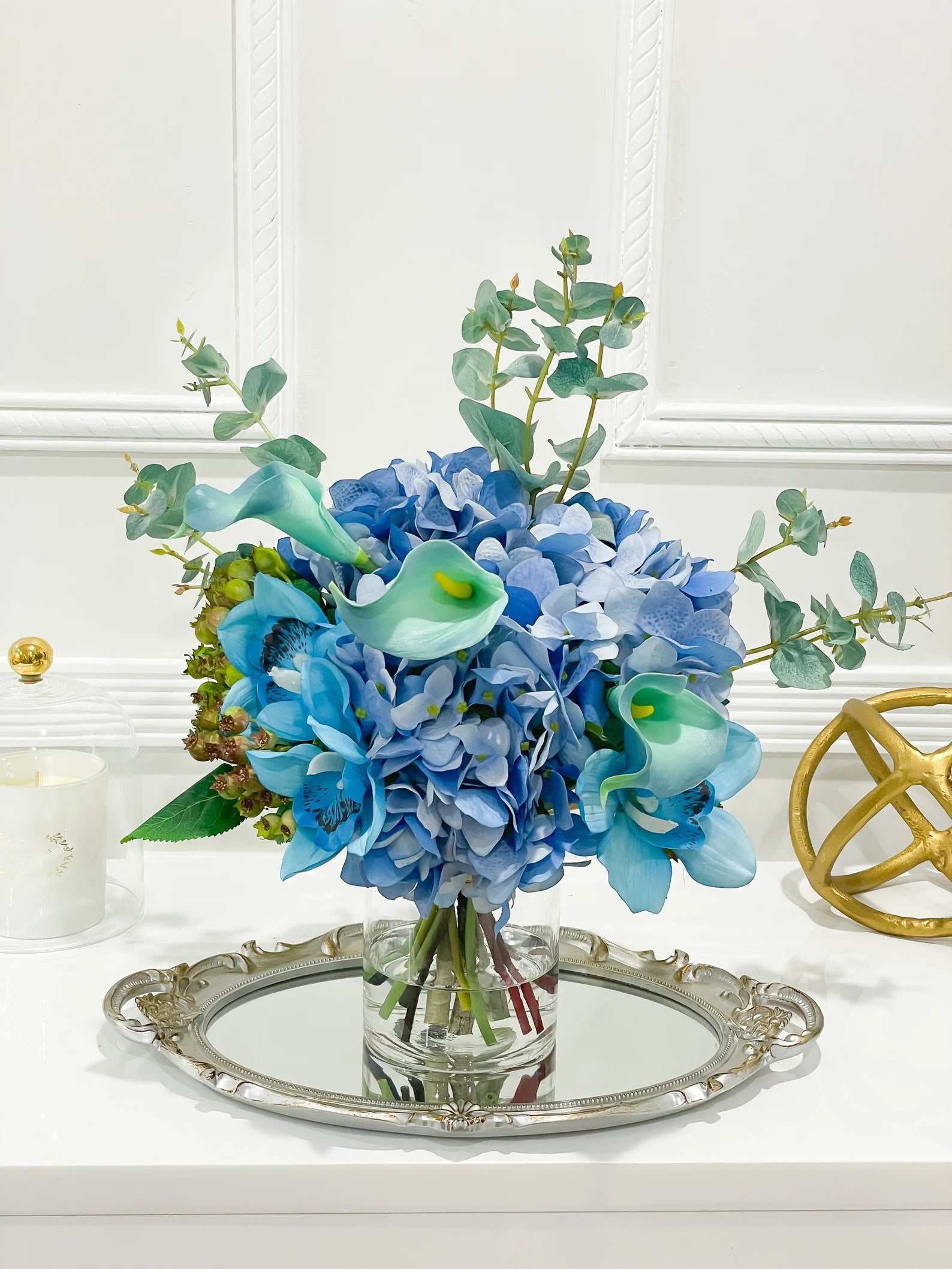 Real Touch Blue Hydrangea with Blue Calla Lily and Orchids Arrangment - Flovery