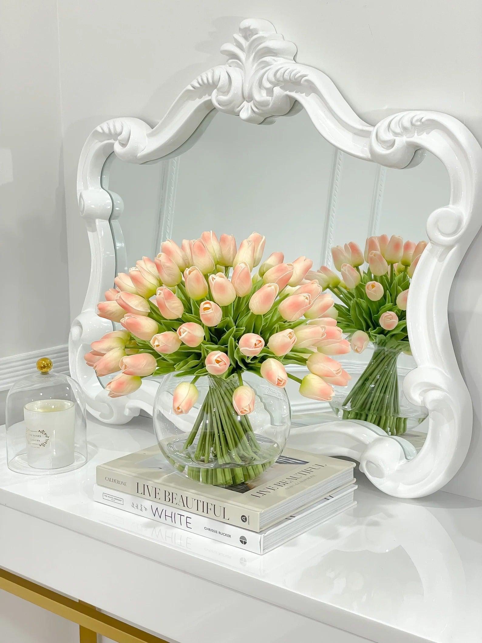 60 White Tulips Centerpiece Glass Vase - Flovery