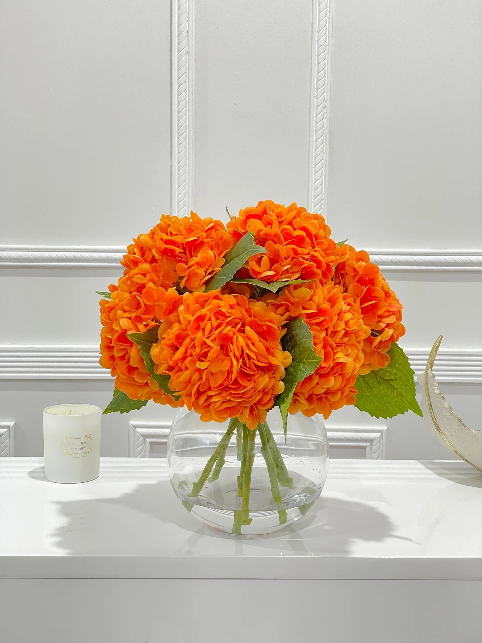 Large Real Touch Orange Hydrangea Arrangement in Round Glass Vase