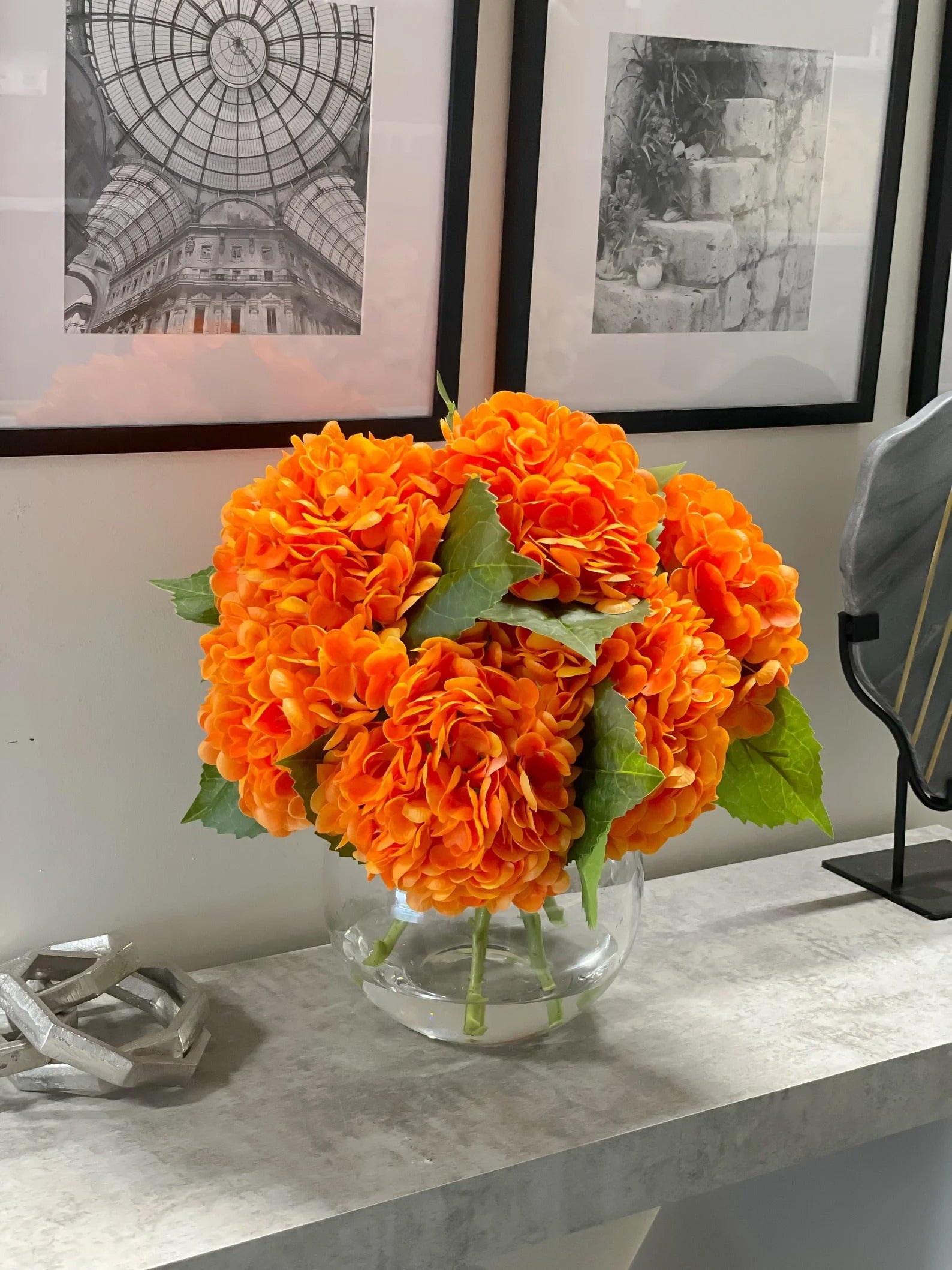 Large Real Touch Orange Hydrangea Arrangement in Round Glass Vase