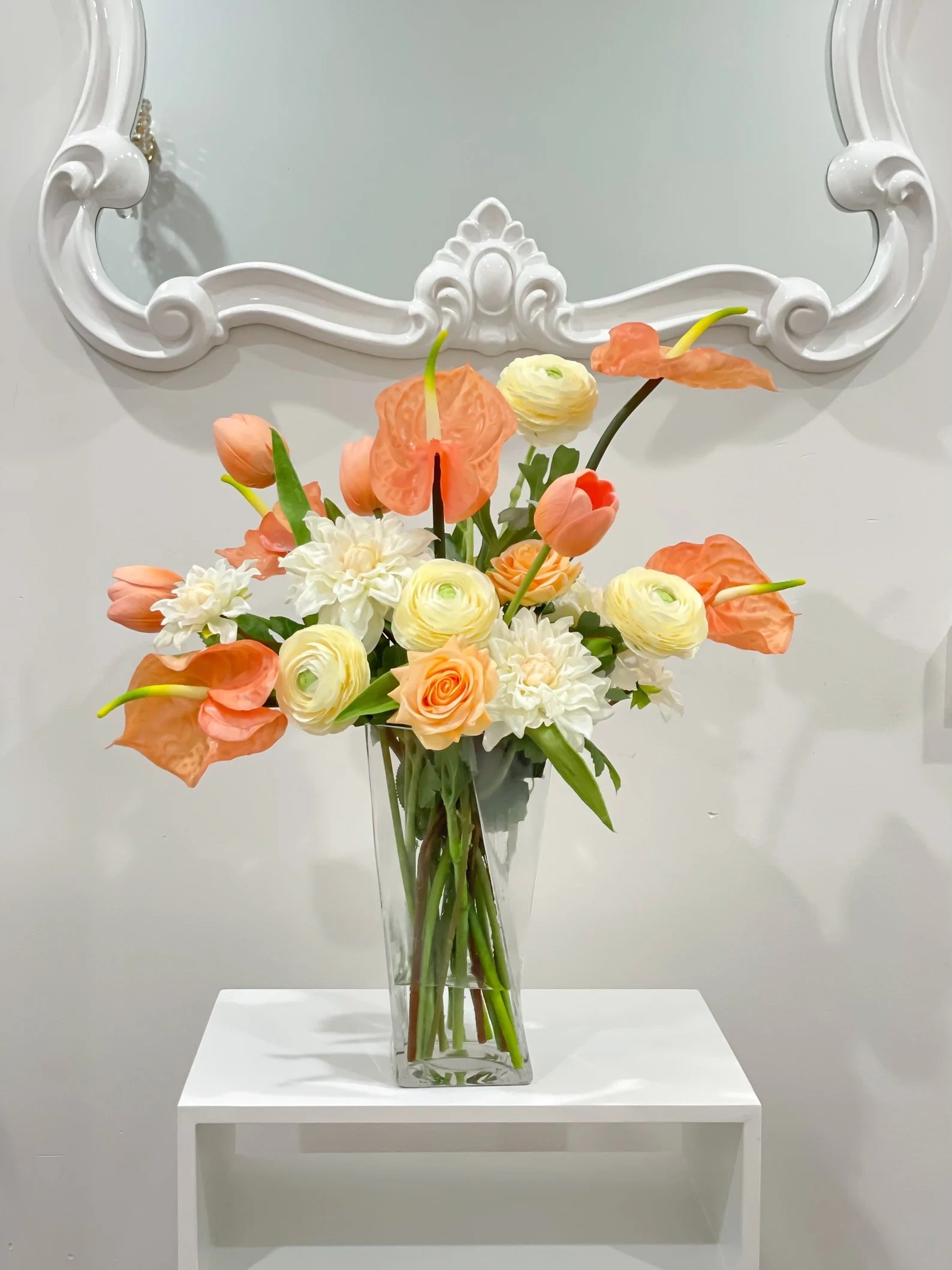 Coral Anthurium Dahlia Arrangement French Country Decor