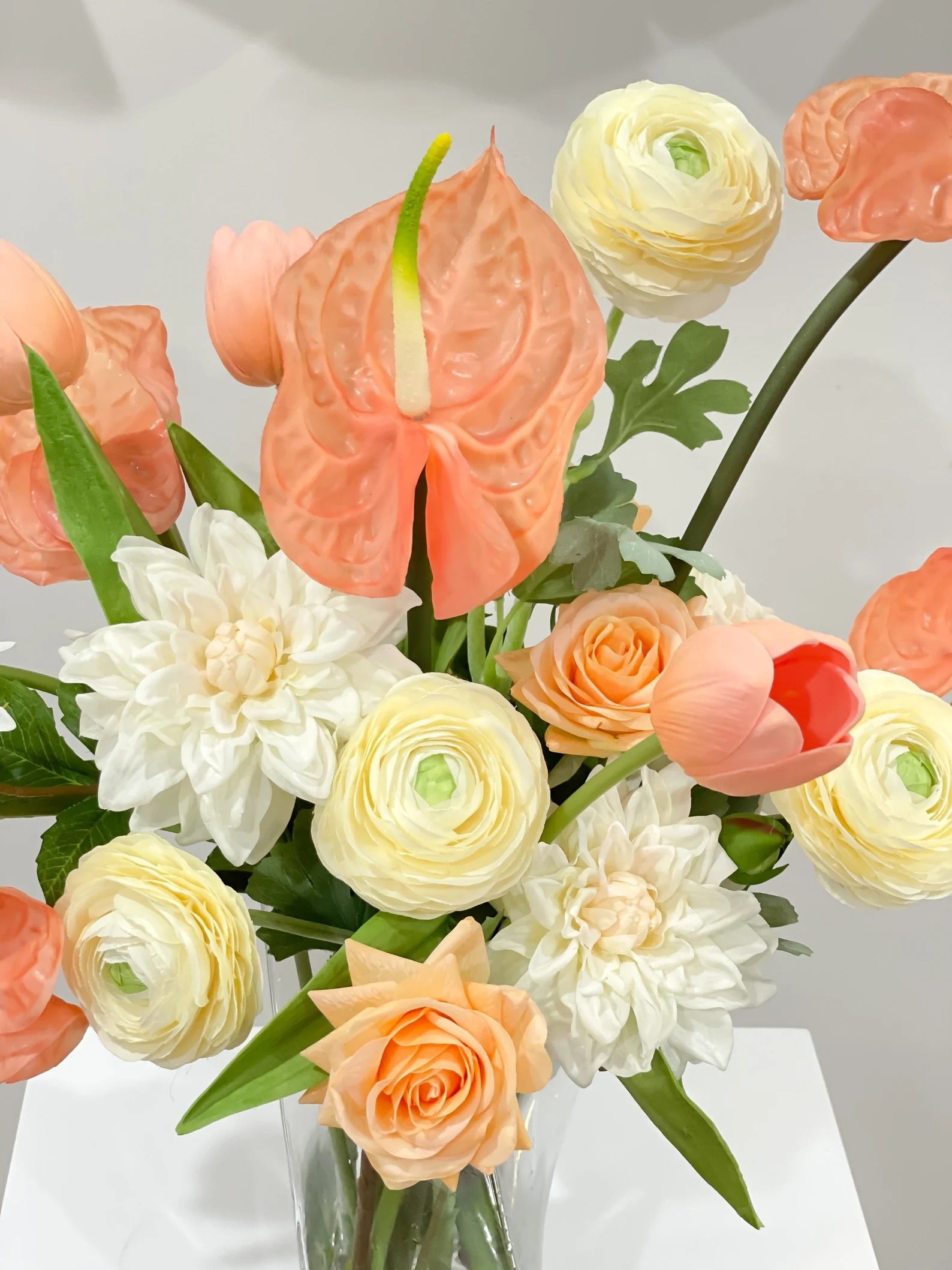 Coral Anthurium Dahlia Arrangement French Country Decor