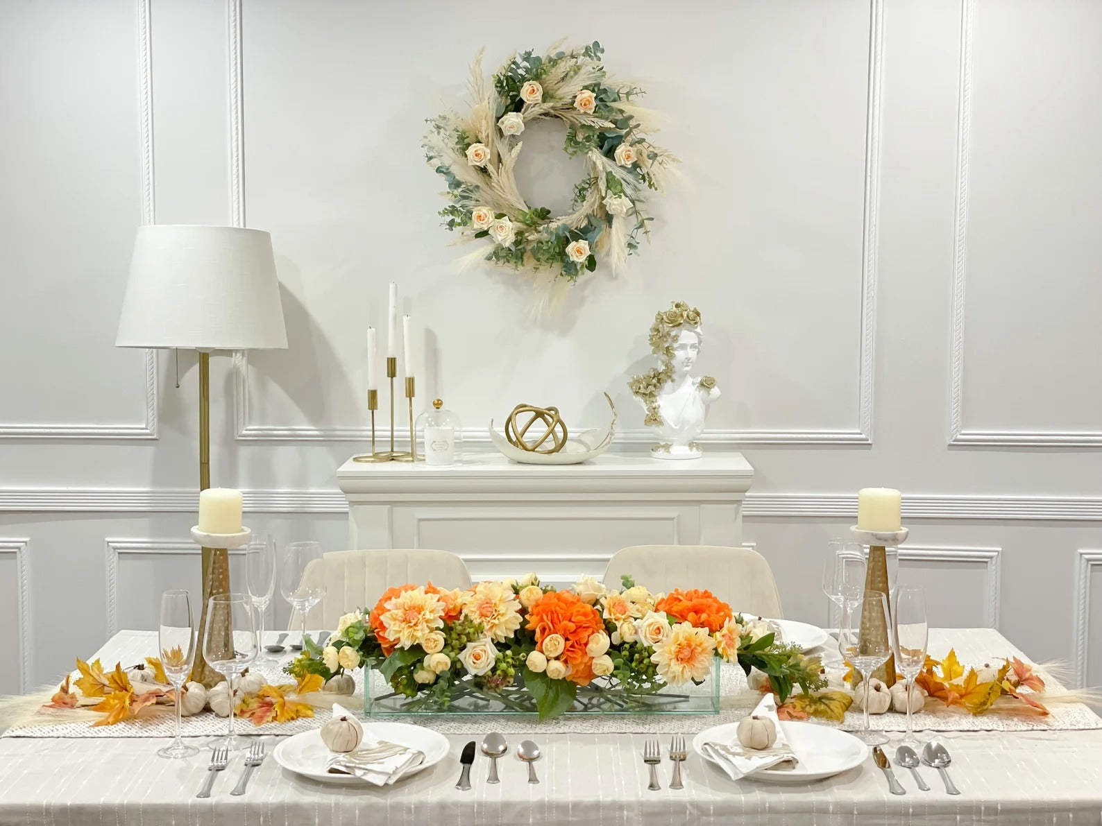 Elegant Orange Decor Modern Long Table Dahlia Centerpiece In Glass Vase