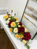 Elegant Velvet Red Decor Modern Long Table Dahlia Centerpiece In Glass Vase