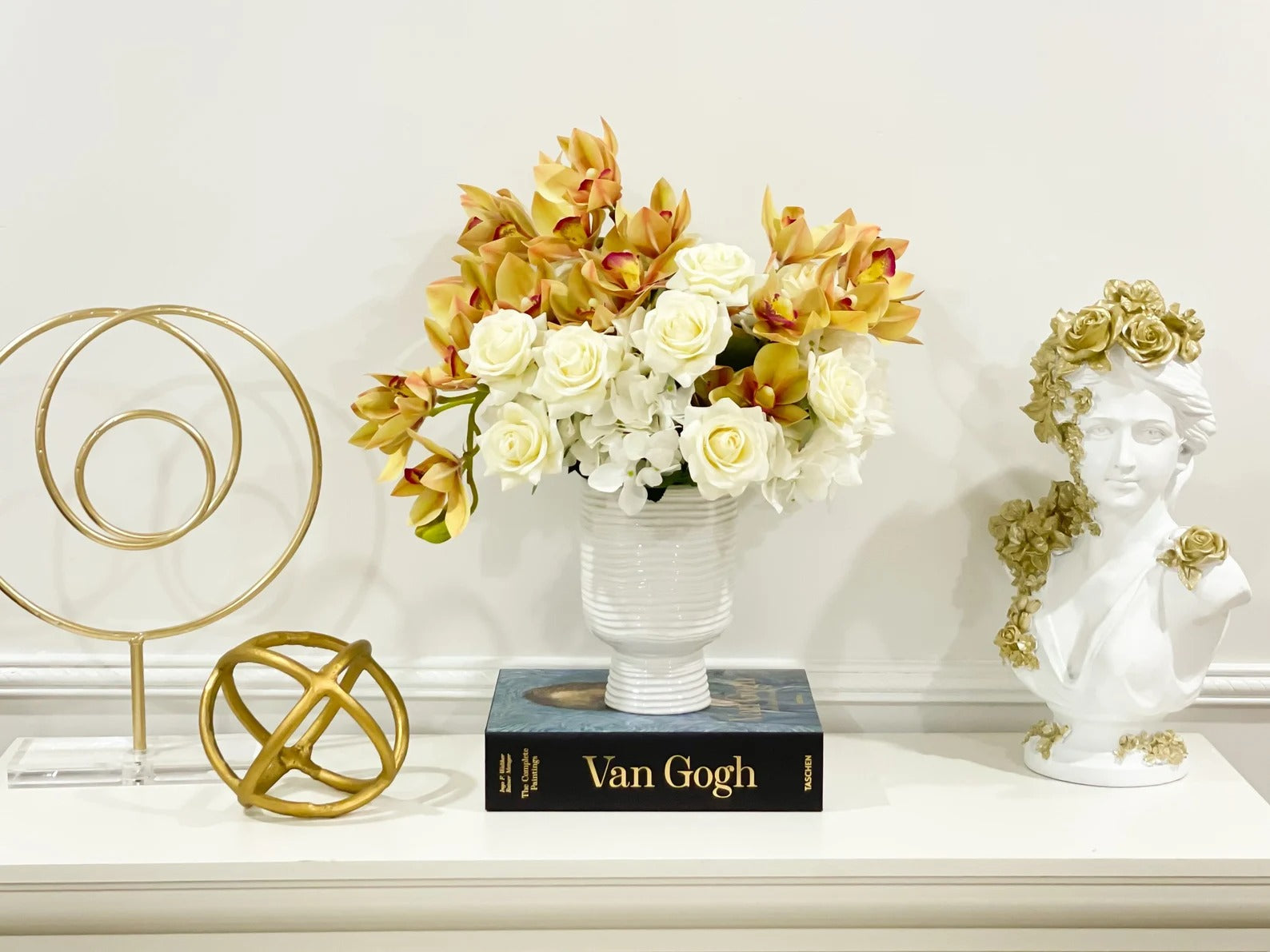 Finest Real Touch Orchid, Roses, French Hydrangea Cream Arrangement