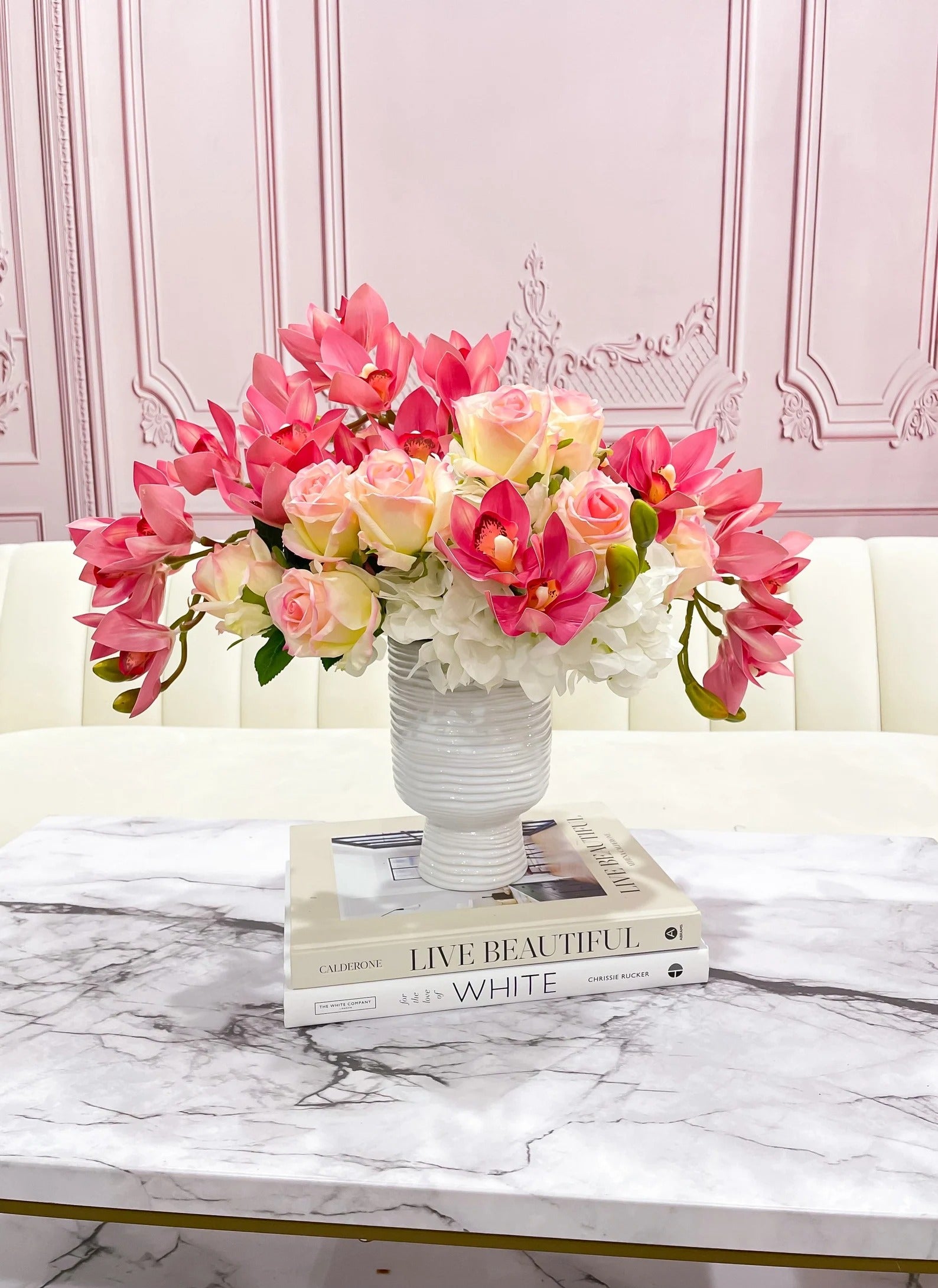 Premium Real Touch Orchid, Rose, French Hydrangea Arrangement in Ceramic Vase