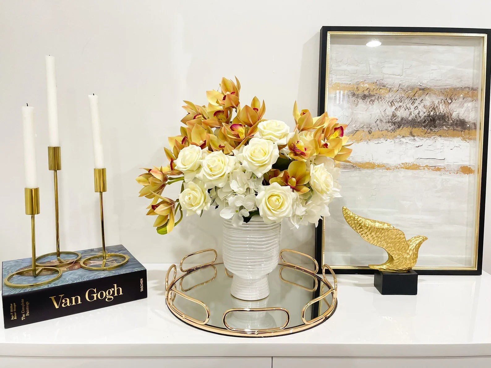 Finest Real Touch Orchid, Roses, French Hydrangea Cream Arrangement