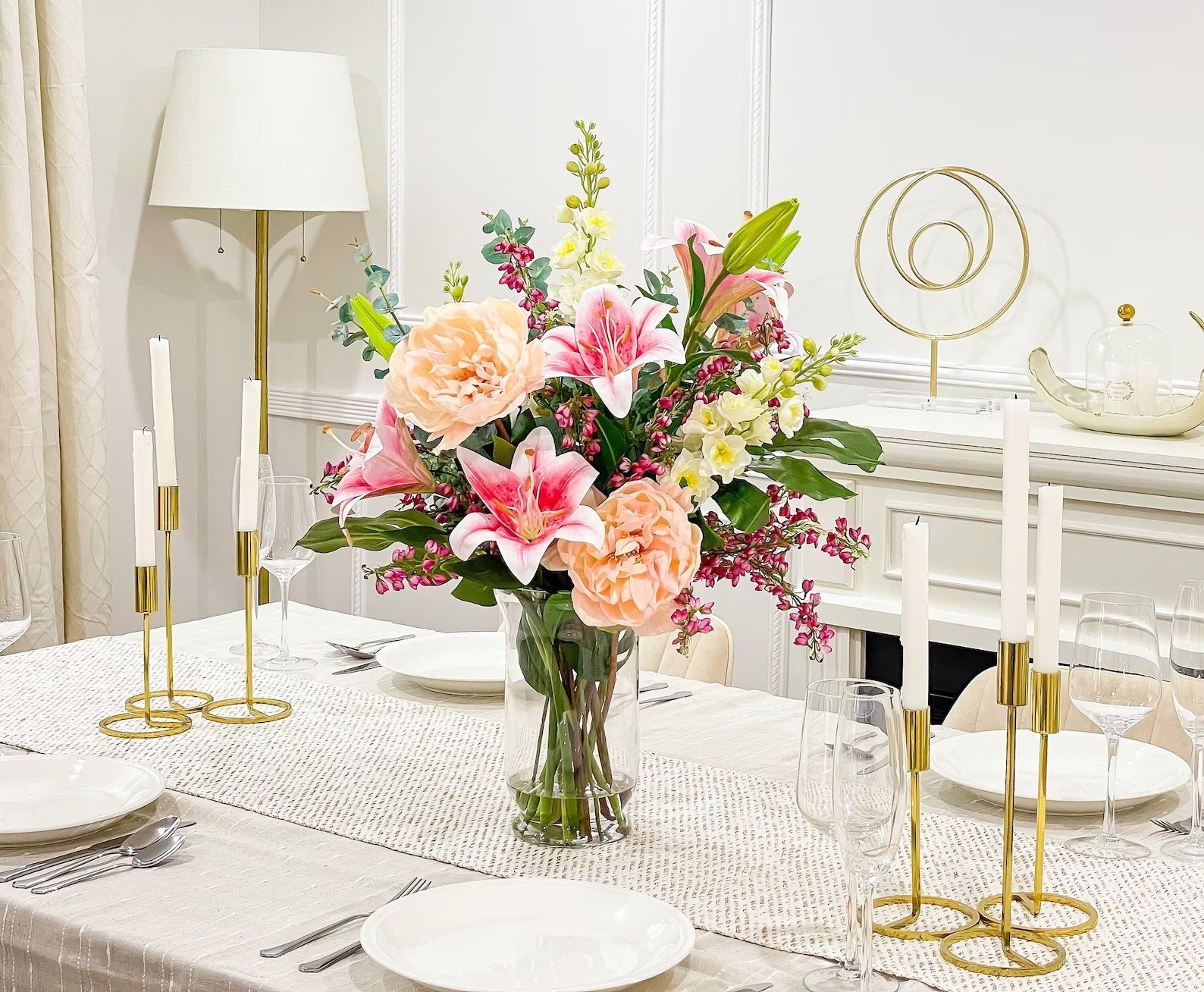 XLarge Exclusive Real Touch Pink French Flower Centerpiece In Glass Vase