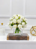 Artificial Medium White Roses Arrangement in Square Glass Vase