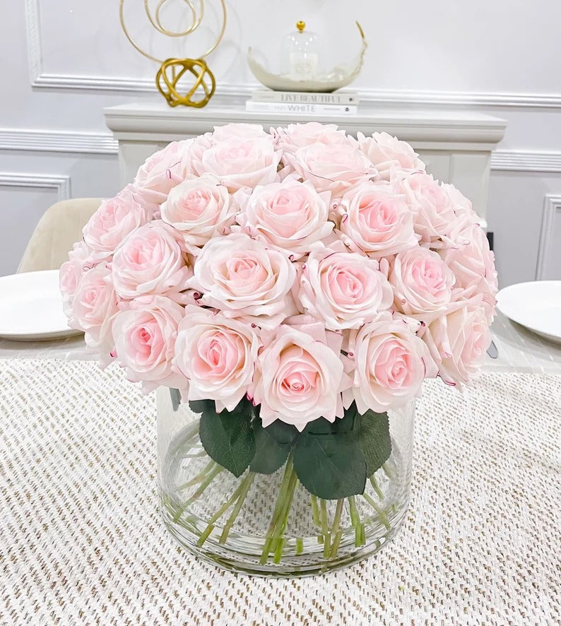 Real Touch Blush Pink Roses French Country Centerpiece